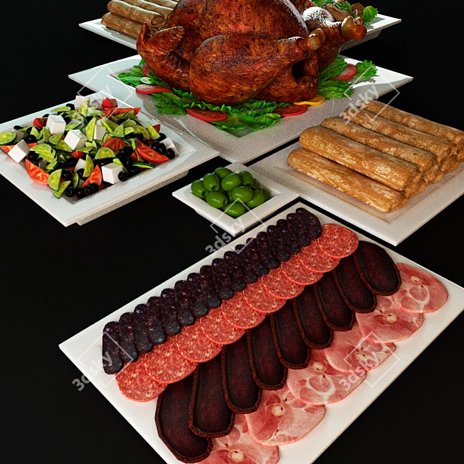 Gourmet Meal Kit: Greek Salad, Caesar Salad, Turkey, Olives & More 3D model image 2