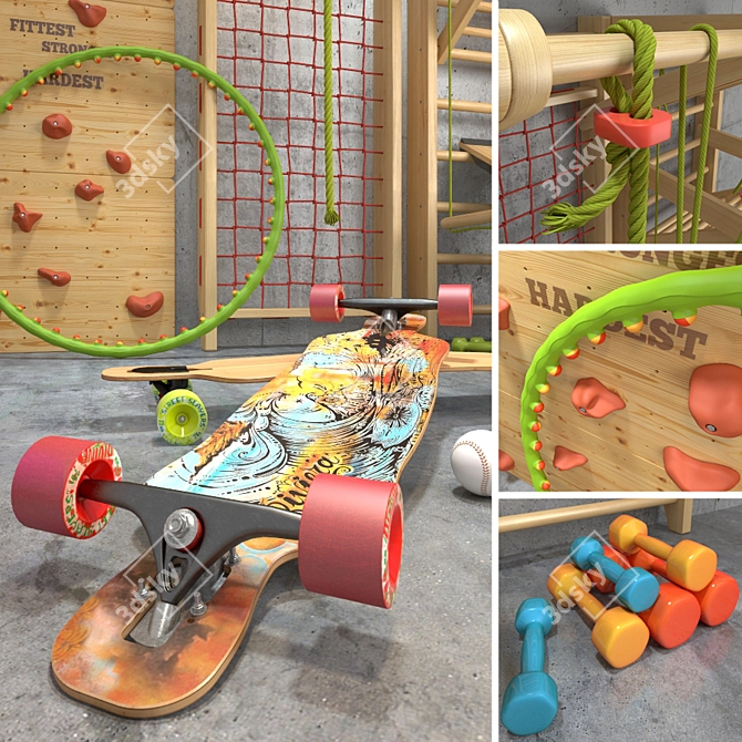 All-in-One Sports Kit: Gymnastic Wall, Rings, Turnbar, Fitness Ball, Skateboard, Climbing Wall 3D model image 2