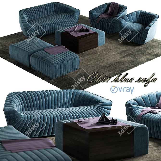 Elegant Blue Sofa Set 3D model image 1