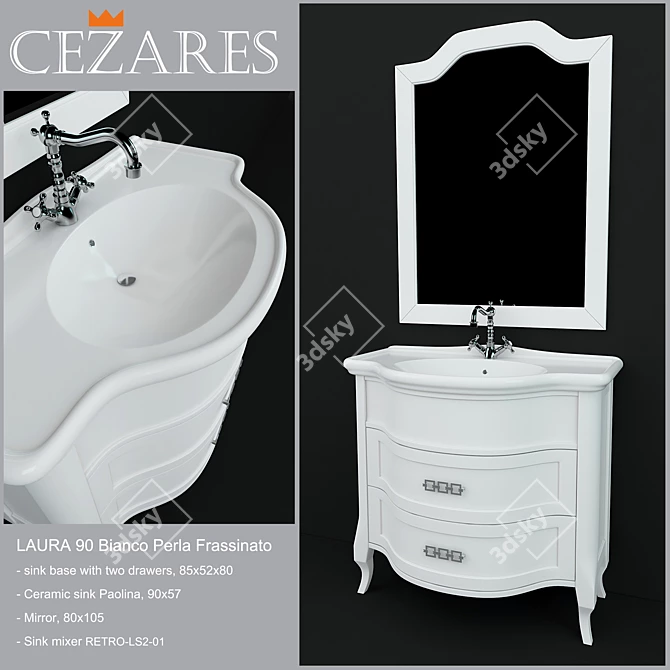 Cezares LAURA 90 Bianco Perla Frassinato: Under Sink Base with Ceramic Sink, Mirror, and Sink Mixer 3D model image 1