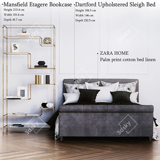 Glamour Grey Sleigh Bed 3D model image 1