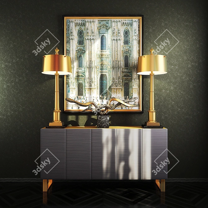 Golden Glow Cupboard Set with Lamps 3D model image 1