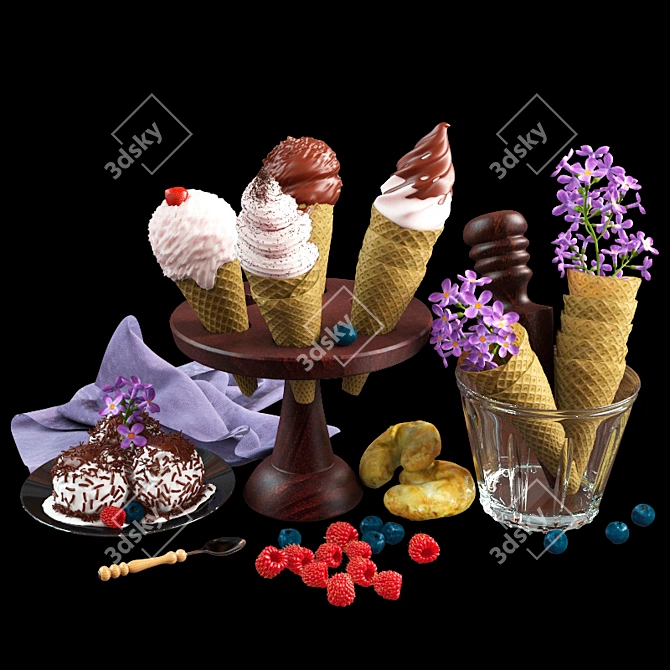 Sweet Treat: Dish Set with Ice Cream 3D model image 1