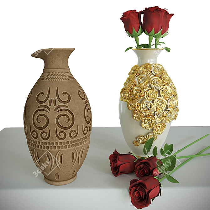 Elegant Geometric Vases with Roses 3D model image 1