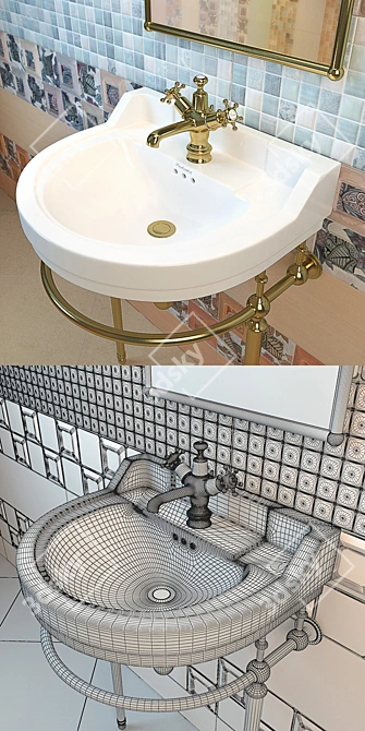 Elegant Burlington Edwardian Sink & Mirror Set with Birkenhead Faucet & Saloni Calypso Tiles 3D model image 3