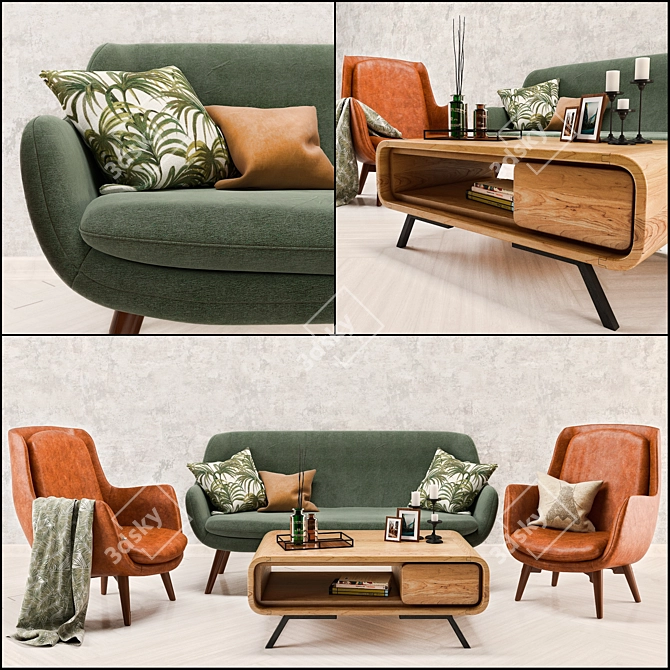 Retro Comfort: Mid Century Sofa Set 3D model image 1