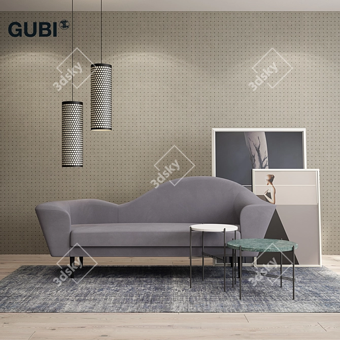 Gubi Grand Piano Sofa Set: Le Corbusier Dots Wallpaper, Colored Vintage Rug, Tables & Pedrera Ana Pendant Lamp 3D model image 1