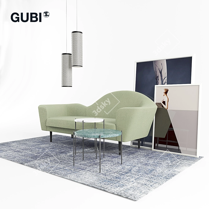 Gubi Grand Piano Sofa Set: Le Corbusier Dots Wallpaper, Colored Vintage Rug, Tables & Pedrera Ana Pendant Lamp 3D model image 2