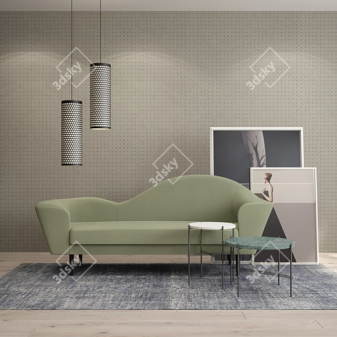 Gubi Grand Piano Sofa Set: Le Corbusier Dots Wallpaper, Colored Vintage Rug, Tables & Pedrera Ana Pendant Lamp 3D model image 3