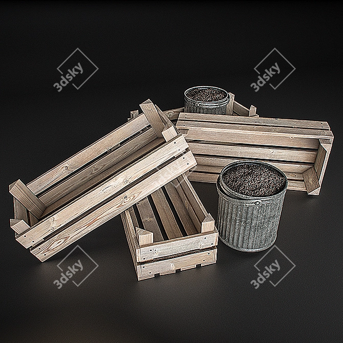 Rustic Wood Crates & Tin Pot Set 3D model image 1