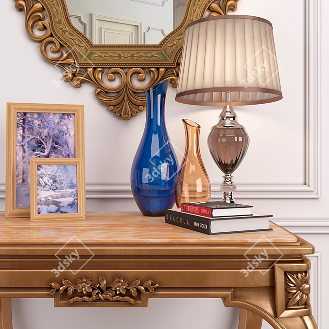 French Onyx Table & Antique Gold Mirror Set 3D model image 2