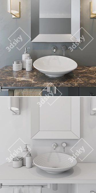 Elegant Bathroom Set with Villeroy & Boch Sink, GROHE Mixer, Anel Mirror, Tripod Sconce, and 3D model image 3