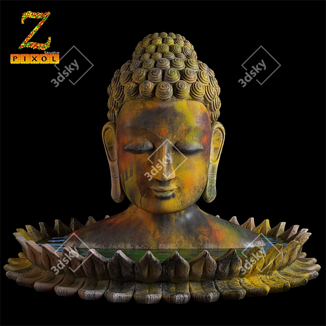 Sacred Serenity: Ancient Coloured Buddha Statue 3D model image 1