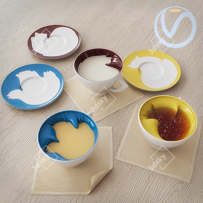 Unique Cup Set with Saucers 3D model image 1