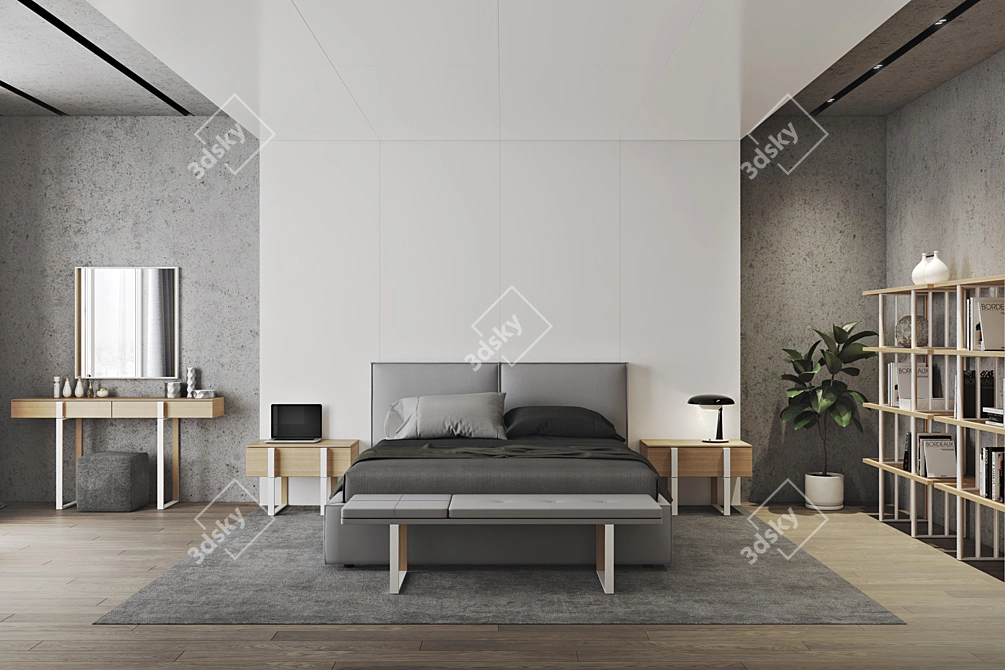 Sleek Oak & White Grid Furniture 3D model image 3