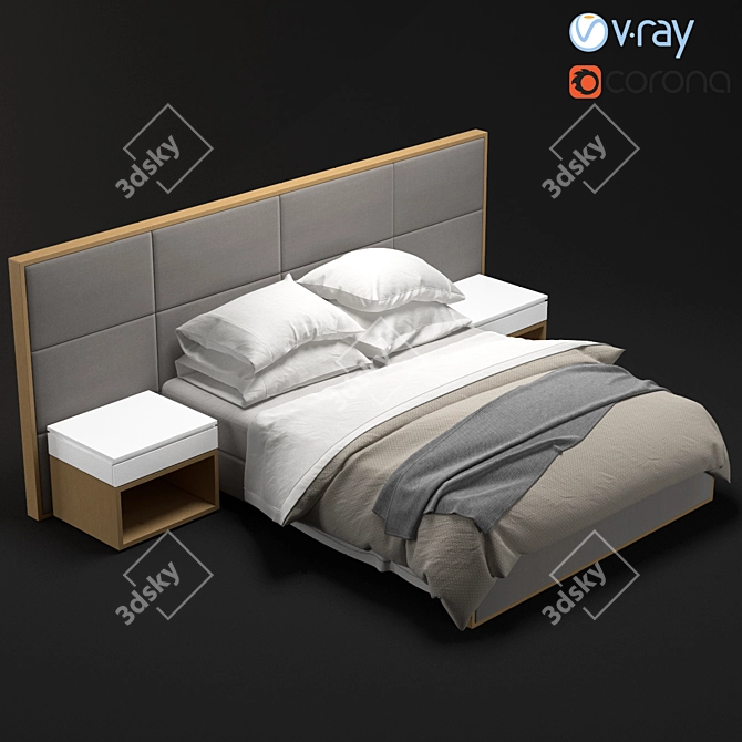 Sleek Wood and Fabric Bedframe 3D model image 1