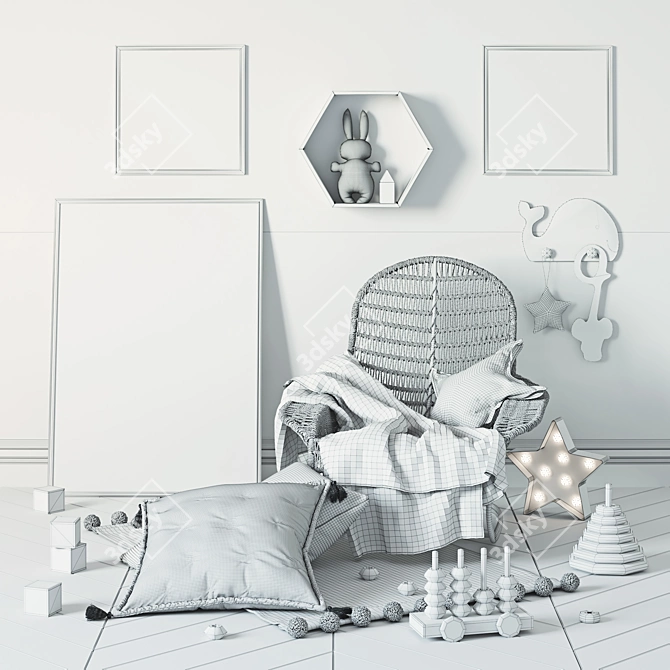 Chic Baby Decor Set: Blanket, Rug, Cushion, Rocking Chair, Lamp & More 3D model image 3