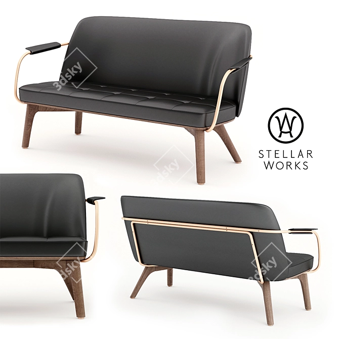 Stellarworks Lounge Two Seater: Leather, Brass, Solid Wood 3D model image 1