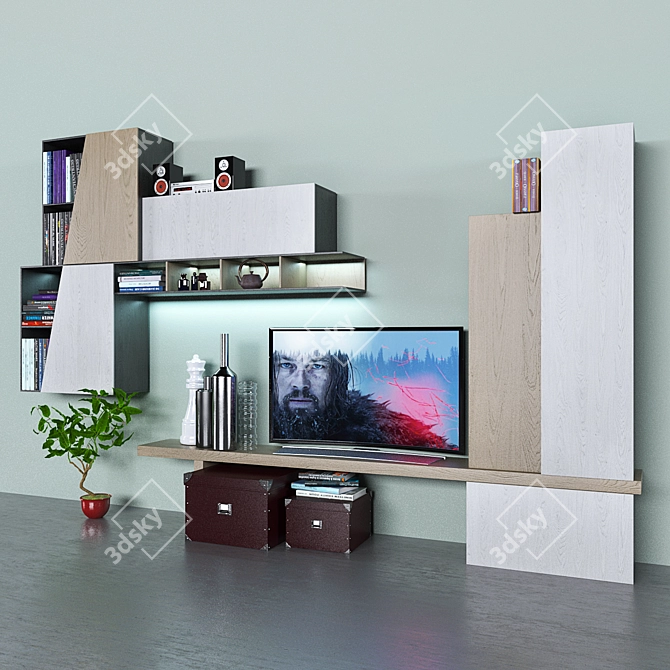 Modern Book Storage System with Curved TV & Vases 3D model image 1