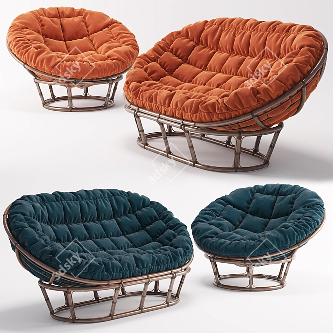 Rattan Papasan Chair & Mamasan Sofa Set 3D model image 1