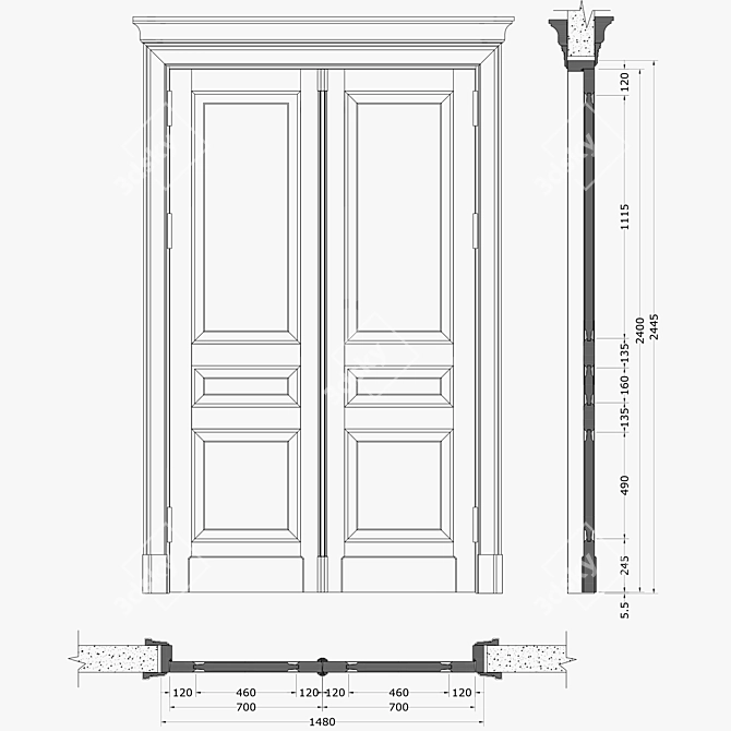 Classic Double Door: 2D DWG File 3D model image 2