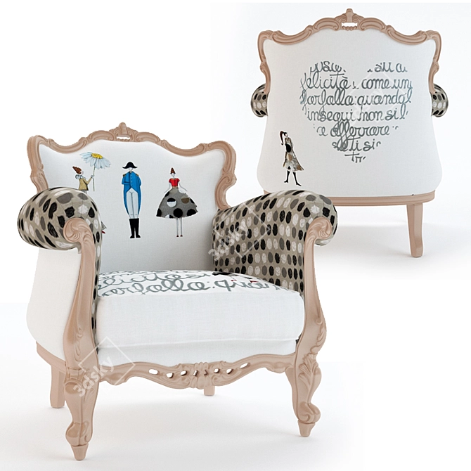 Hand-carved Wooden Chair with Hand-painted Fabric 3D model image 1