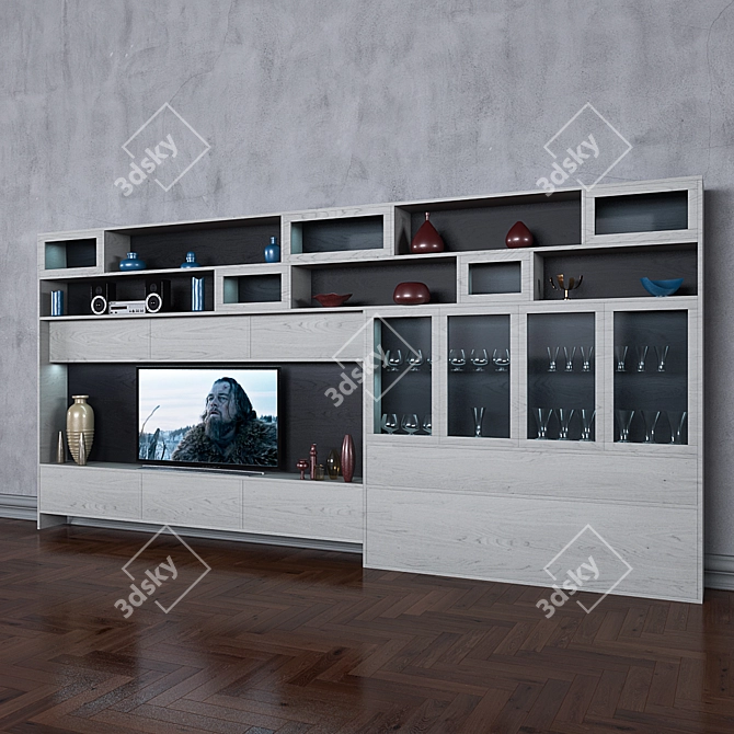 Modern Wardrobe with TV, Books & Vases 3D model image 1