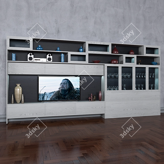 Modern Wardrobe with TV, Books & Vases 3D model image 2