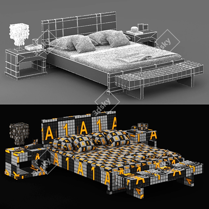 Solid Walnut Bed & Night Bench 3D model image 2