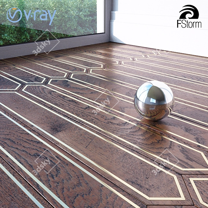 Elegant Wood Parquet with Brass Inlay 3D model image 1