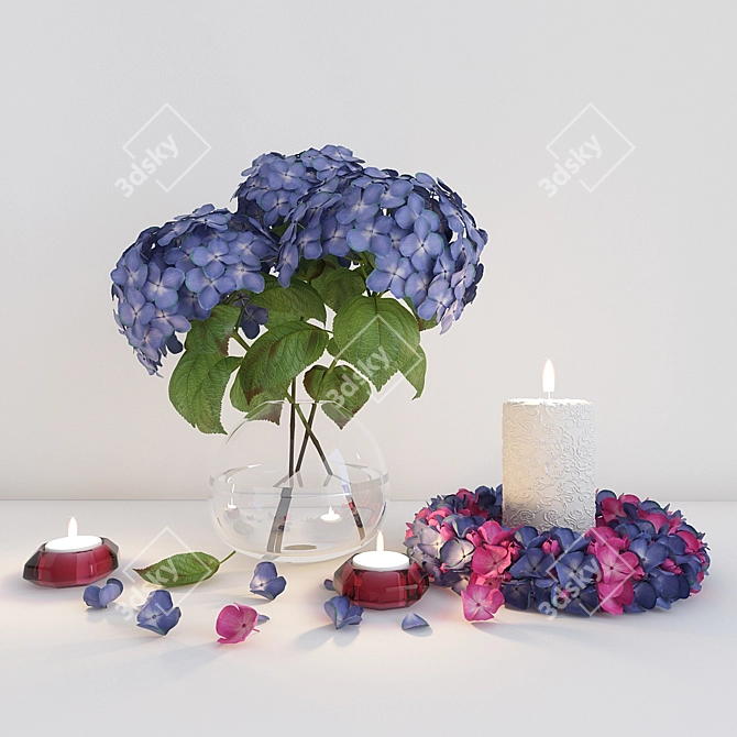 Hydrangea Decor Set: Flowers, Candles & Wreath 3D model image 1