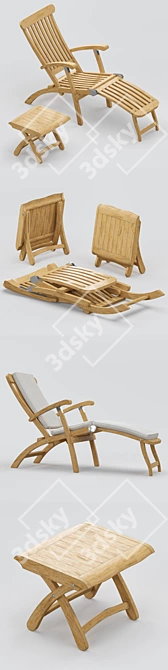 Teak Summer Set - Classic Steamer Chair & Footstool 3D model image 2