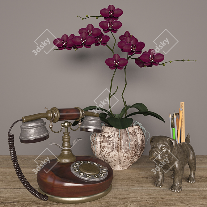 Elegant Decor Set: Orchid, Phone, Pen Stand 3D model image 1