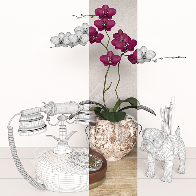 Elegant Decor Set: Orchid, Phone, Pen Stand 3D model image 3