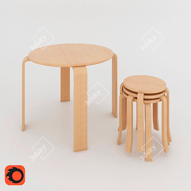 Scandi Table & Stool Set 3D model image 1