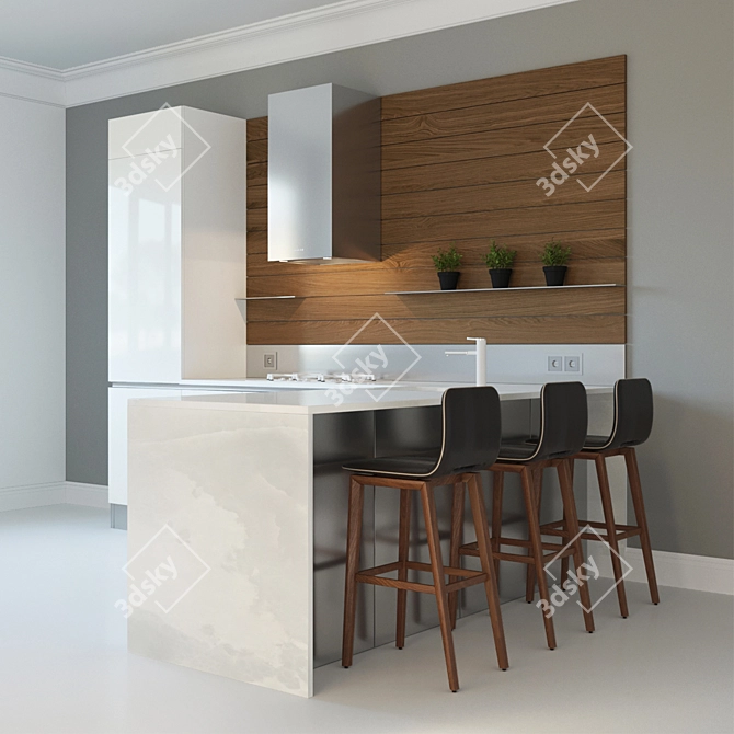 Modern White Kitchen with Peninsula 3D model image 1