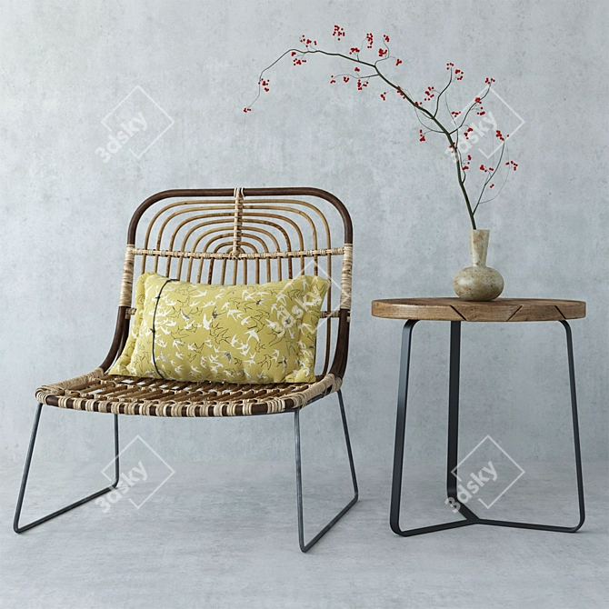Elegant Rattan Chair & Stylish Outdoor Sidetable 3D model image 1