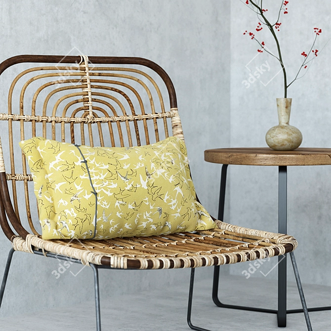 Elegant Rattan Chair & Stylish Outdoor Sidetable 3D model image 2