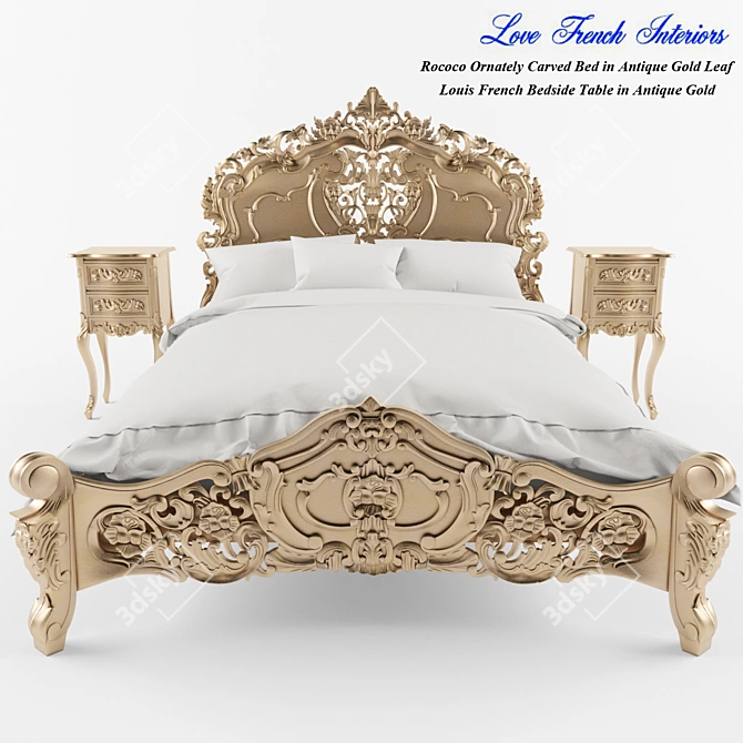 Regal Rococo Carved Bed in Antique Gold 3D model image 1