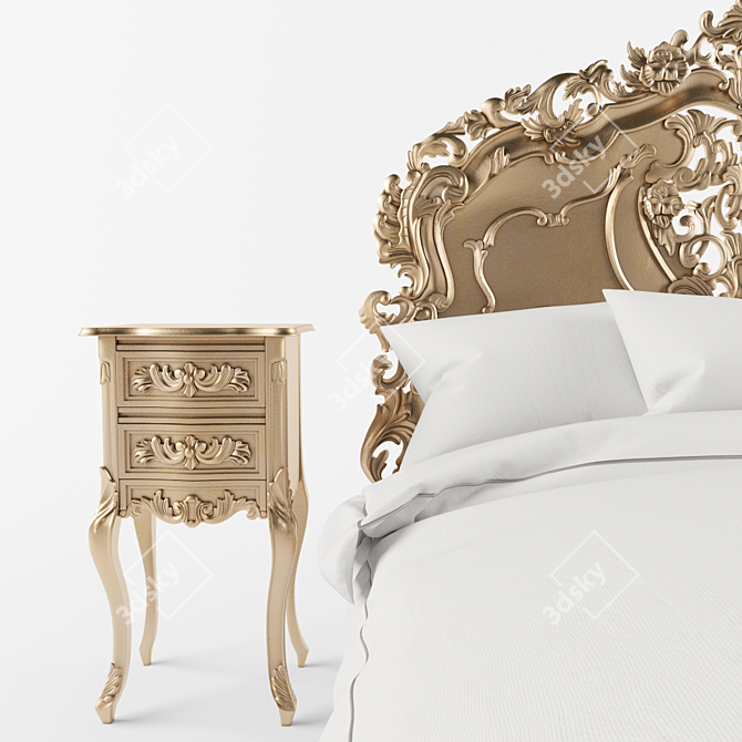 Regal Rococo Carved Bed in Antique Gold 3D model image 2