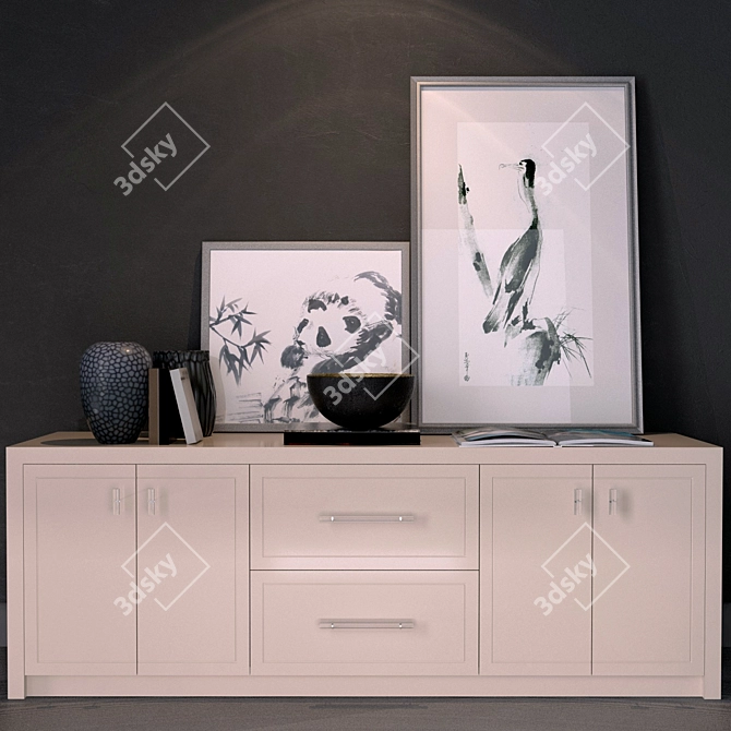 Elegant Cabinet with Painting, Photo Frame, Vase, and Books 3D model image 1