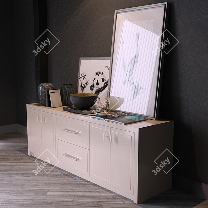Elegant Cabinet with Painting, Photo Frame, Vase, and Books 3D model image 2