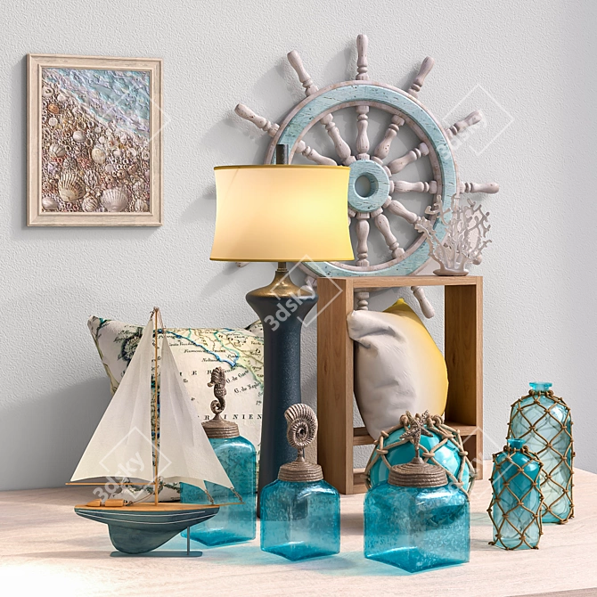 Coastal Decor Set - Sea Life Canisters, Lamp, Pillows, and More 3D model image 2