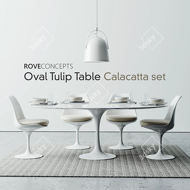 Calacatta Oval Tulip Table Set: 78" / 198cm 3D model image 1