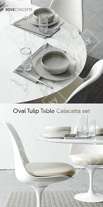 Calacatta Oval Tulip Table Set: 78" / 198cm 3D model image 2