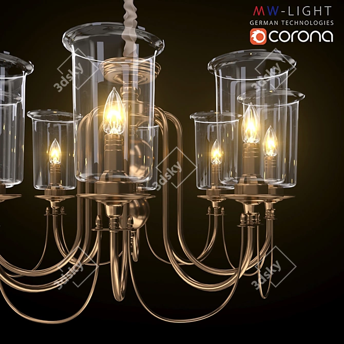 Elegant Brass Chandelier with Glass Shades 3D model image 1