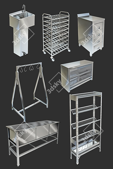 Professional Kitchen Equipment: Sink, Rack, Shelf, Worktable, Meat Hanging Rack 3D model image 2