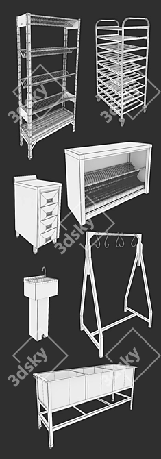 Professional Kitchen Equipment: Sink, Rack, Shelf, Worktable, Meat Hanging Rack 3D model image 3