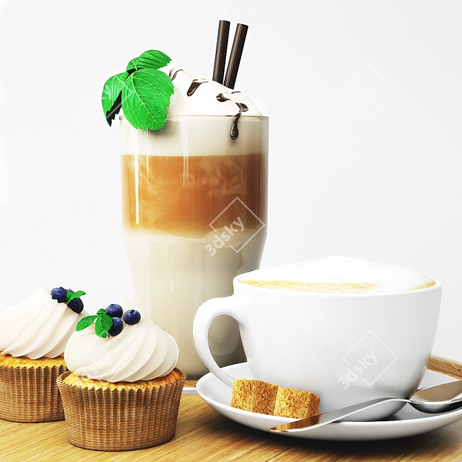 Wooden Tray with Coffee, Latte, Macchiato, Cappuccino, and Cupcakes 3D model image 2