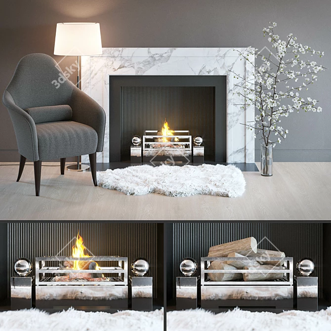 Cozy Fireplace Set: Marble Chimney, Armchair, Wooden Logs, Sheepskin, Lamp, Cherry Blossom 3D model image 1